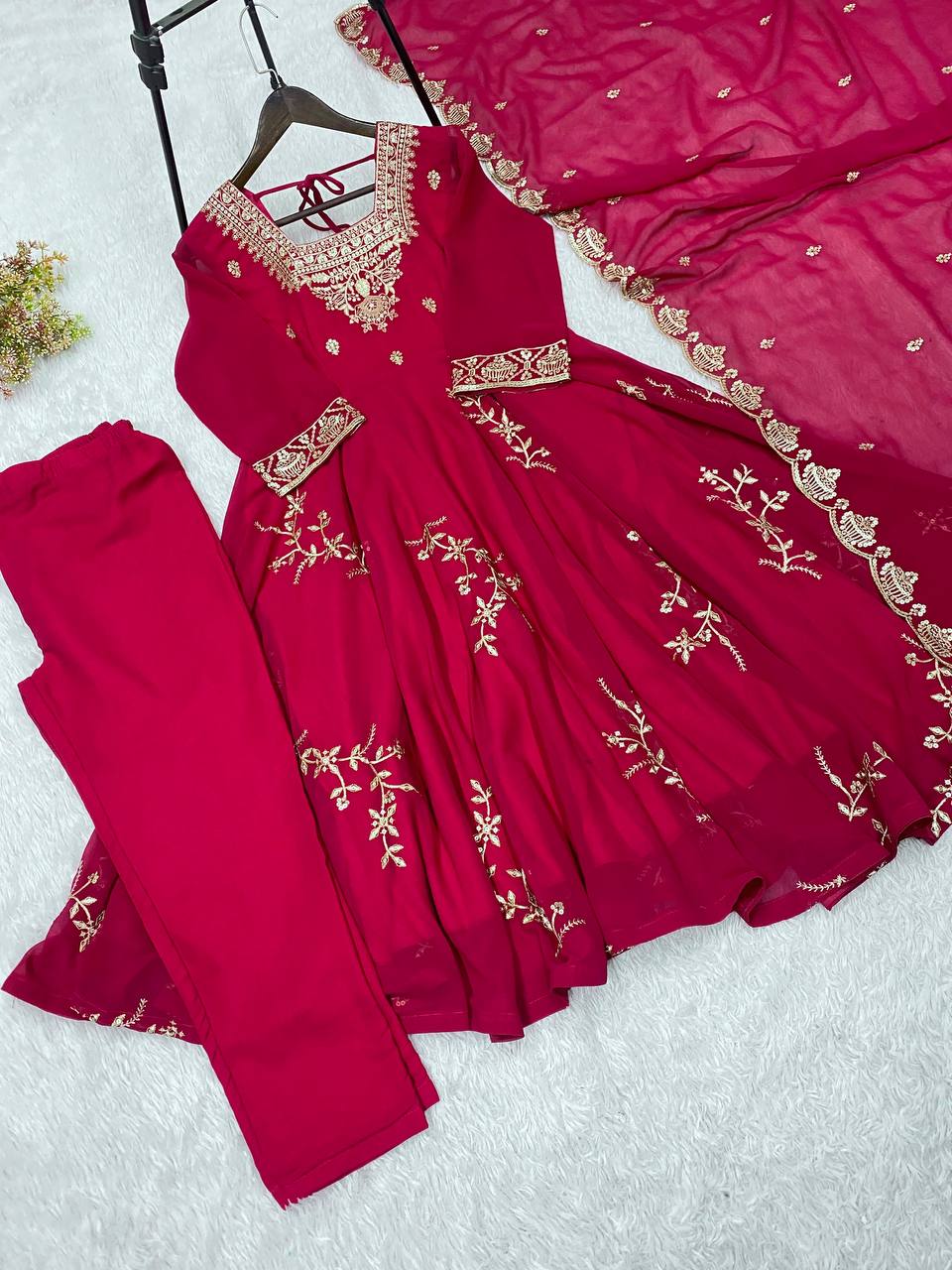 Rani Pink Faux Georgette Sequin Anarkali Gown Set, view 5