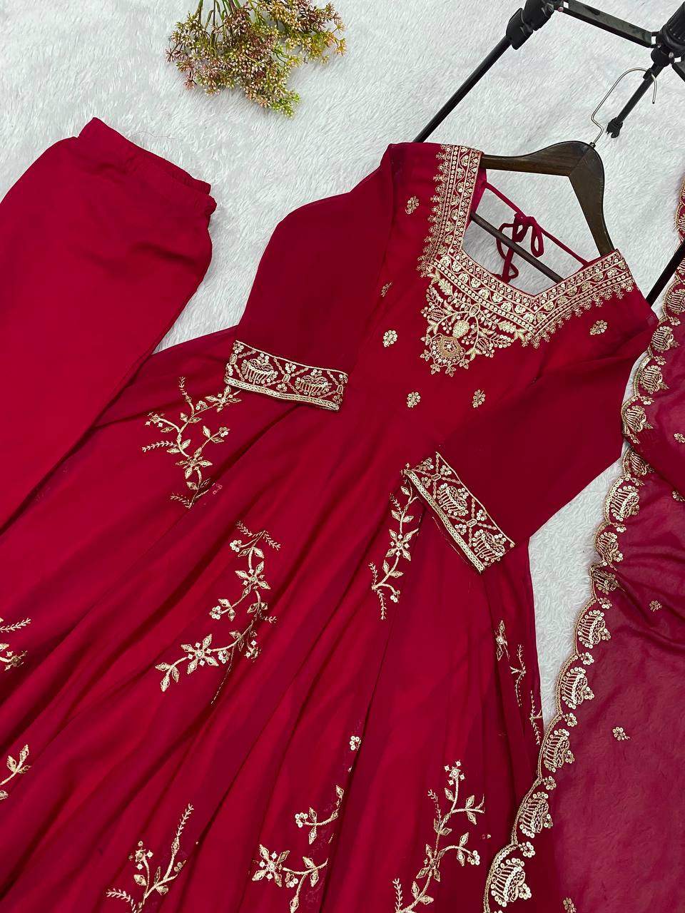 Rani Pink Faux Georgette Sequin Anarkali Gown Set, view 6