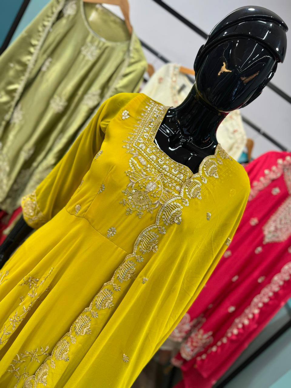 Mustard Yellow Faux Georgette Sequin Anarkali Gown Set, view 5