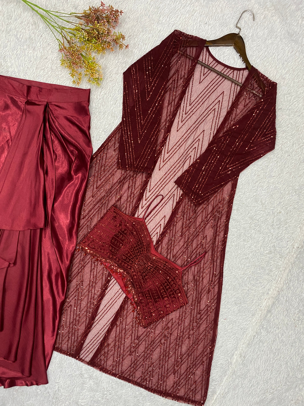 Maroon Satin Sequin Indo-Western Set, view 4