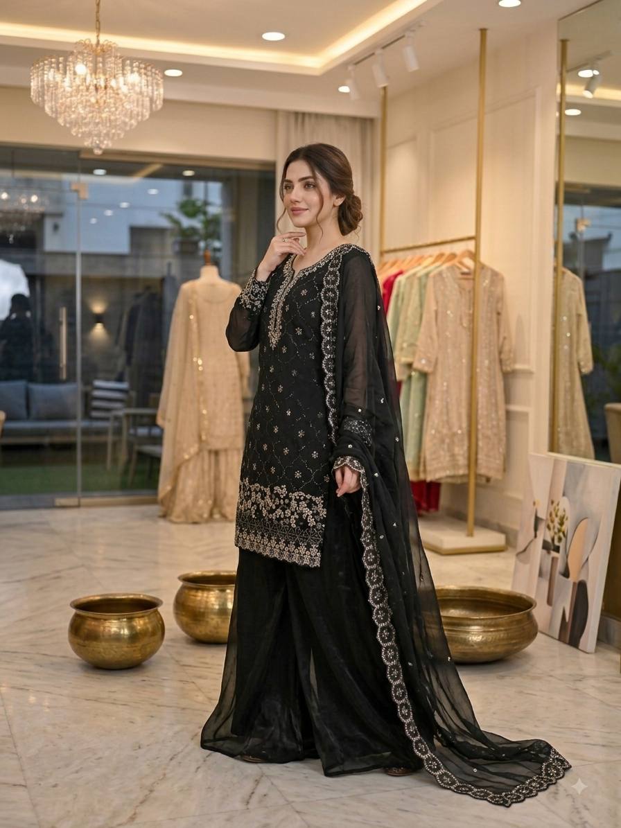 Black Fendy Silk Sequin Kurta Palazzo Set