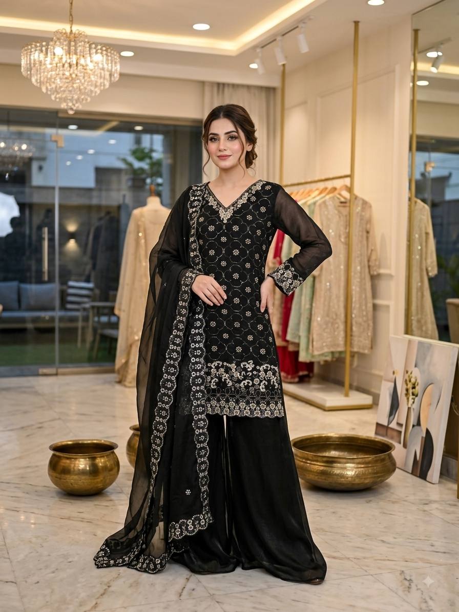 Black Fendy Silk Sequin Kurta Palazzo Set, view 2