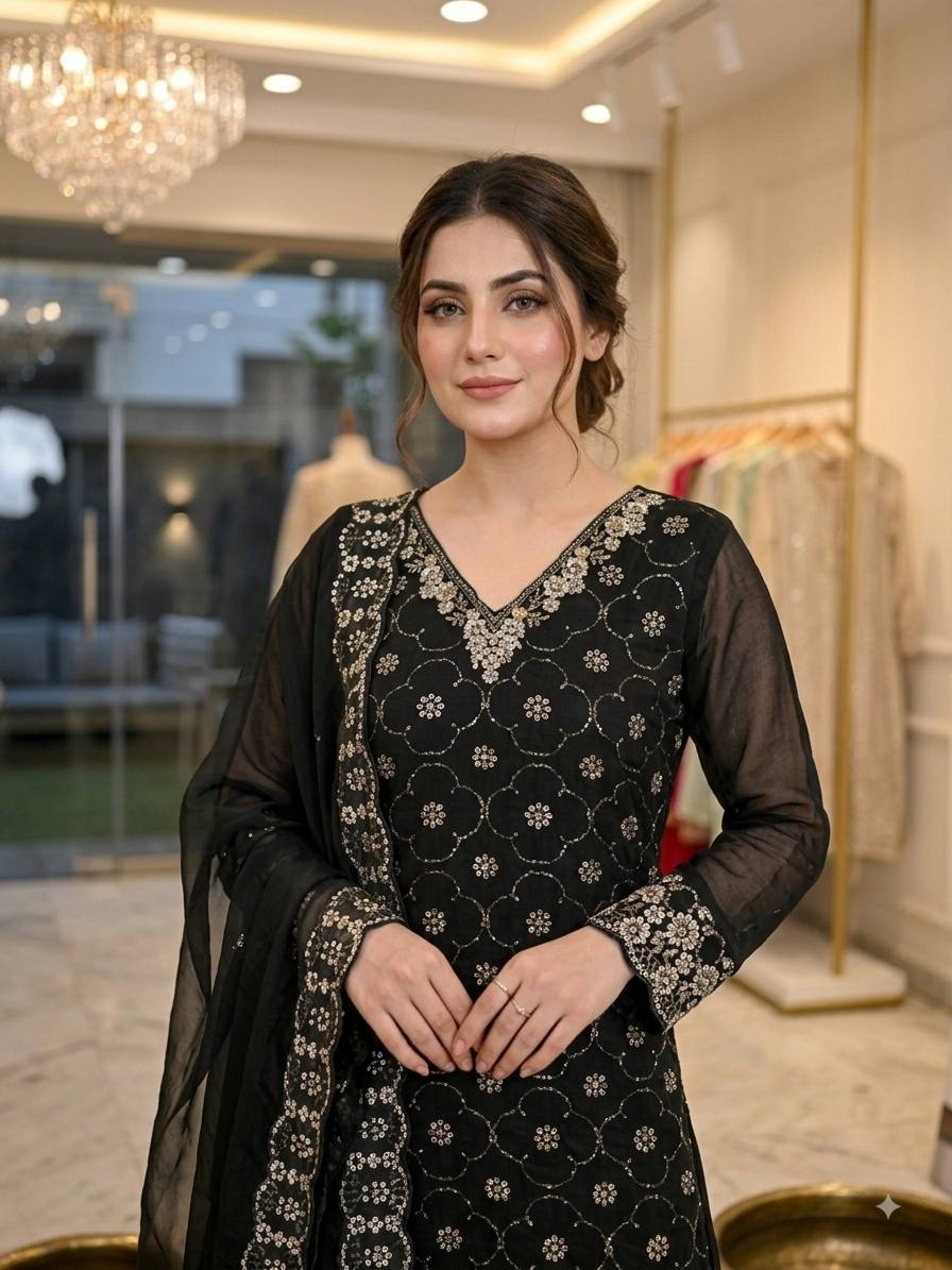Black Fendy Silk Sequin Kurta Palazzo Set, view 3