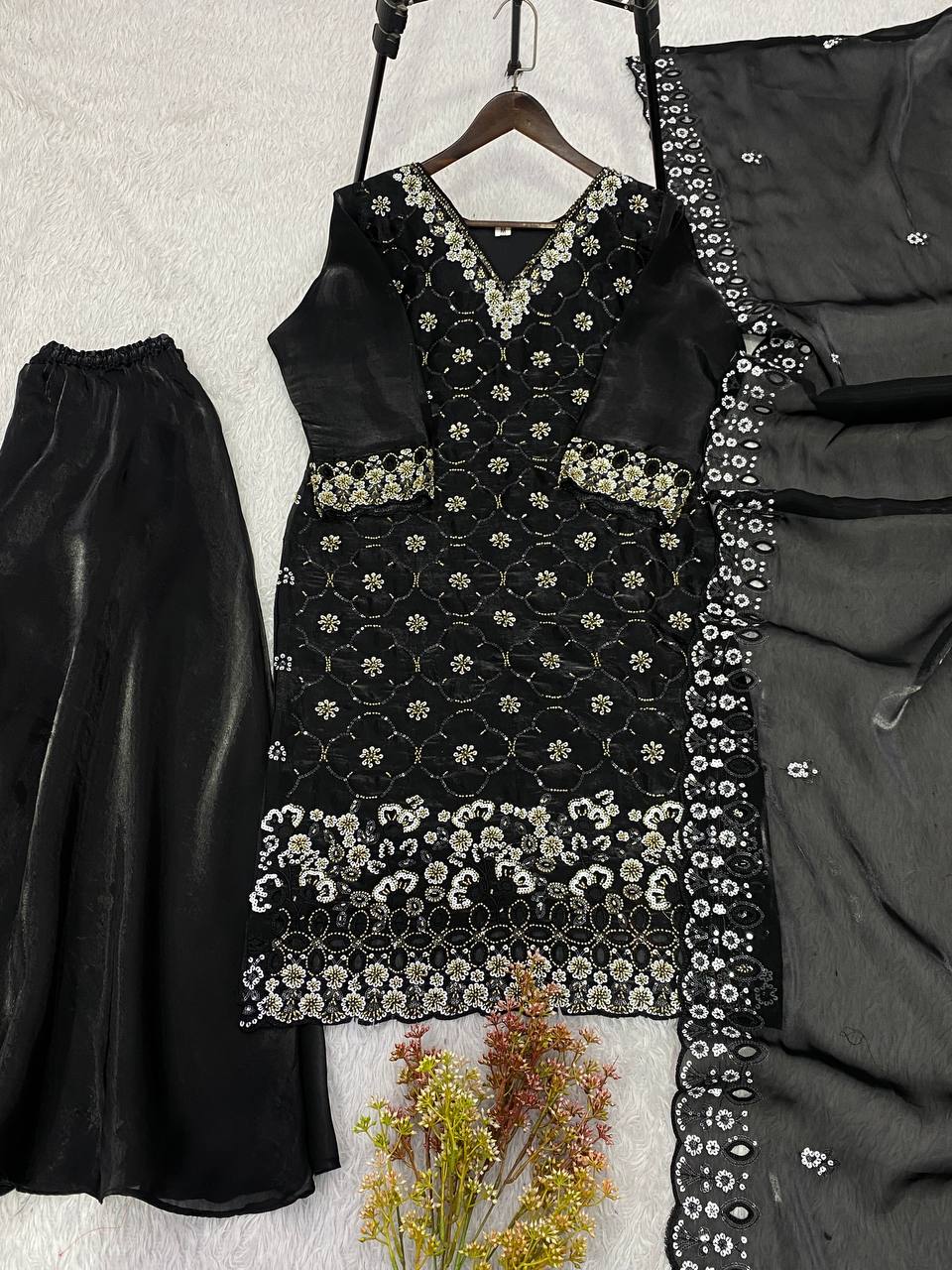 Black Fendy Silk Sequin Kurta Palazzo Set, view 4