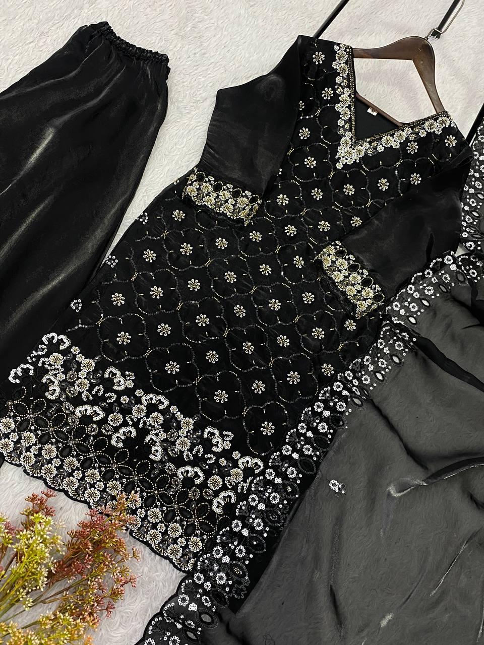 Black Fendy Silk Sequin Kurta Palazzo Set, view 5