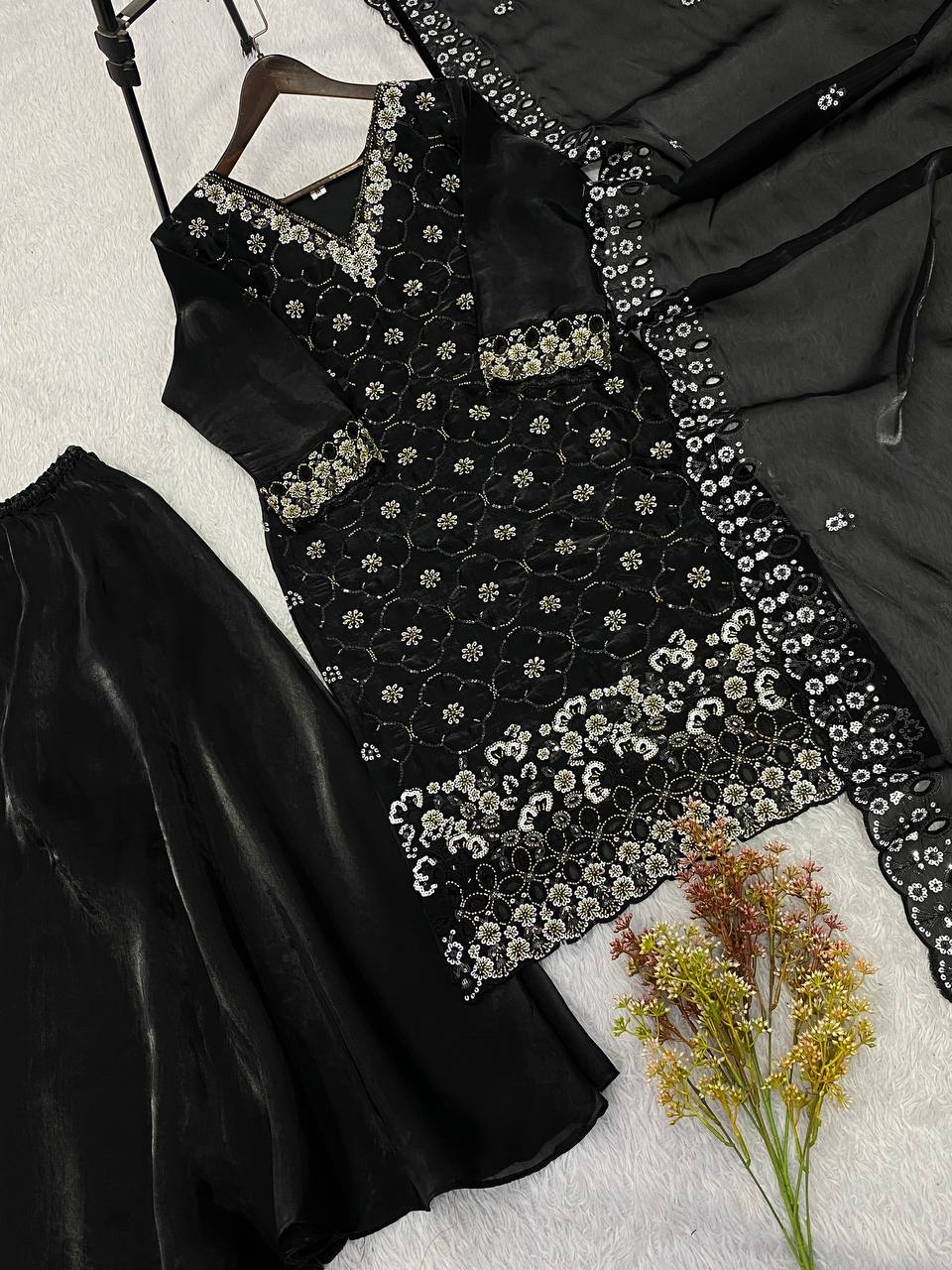 Black Fendy Silk Sequin Kurta Palazzo Set, view 6