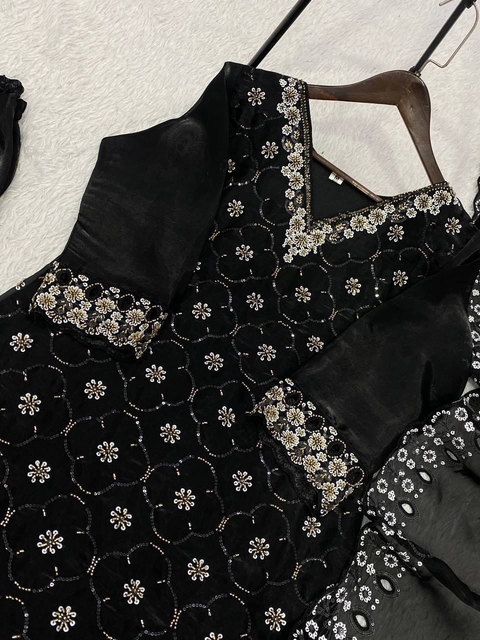 Black Fendy Silk Sequin Kurta Palazzo Set, view 7