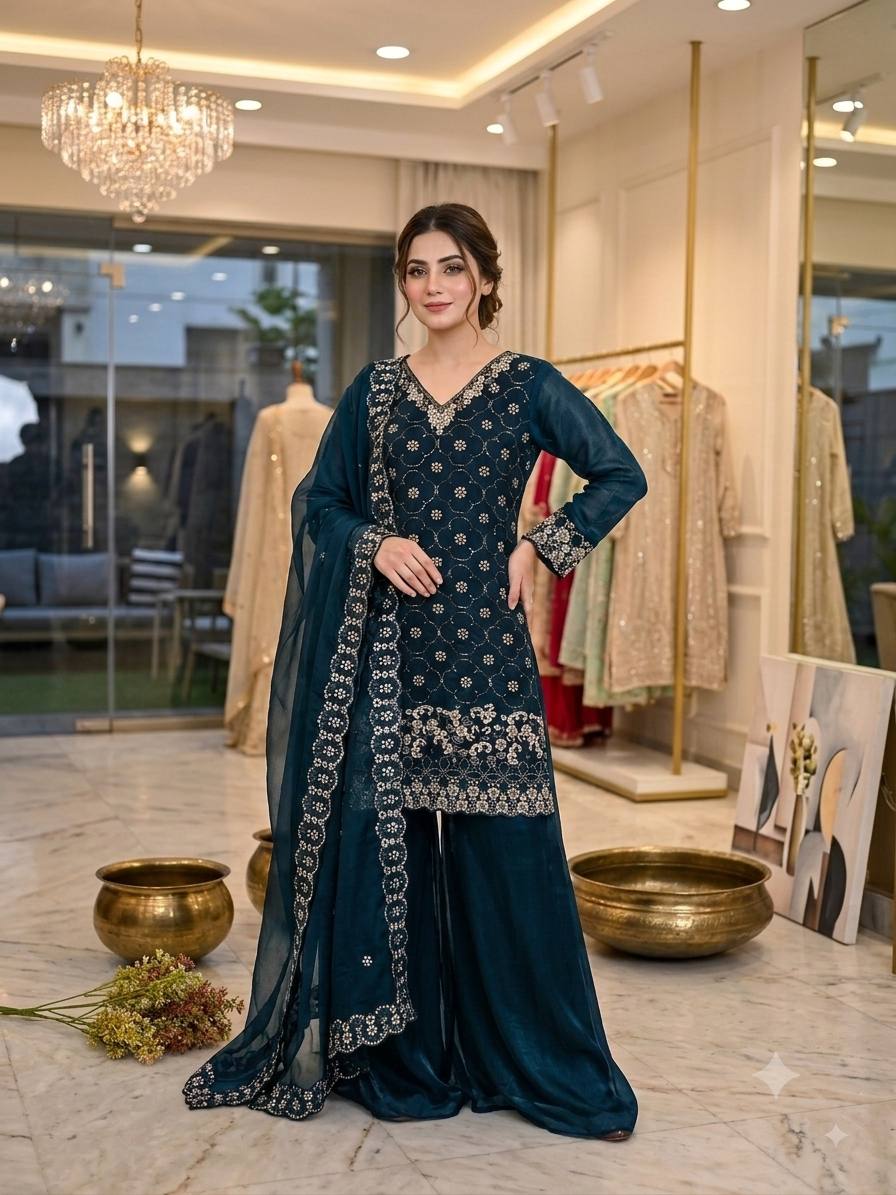 Teal Blue Fendy Silk Sequin Kurta Palazzo Set