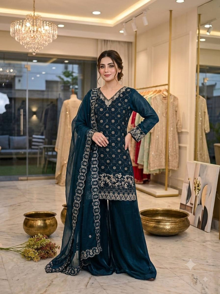 Teal Blue Fendy Silk Sequin Kurta Palazzo Set