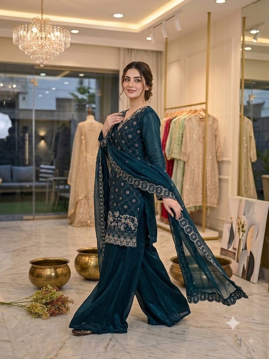 Teal Blue Fendy Silk Sequin Kurta Palazzo Set, view 2