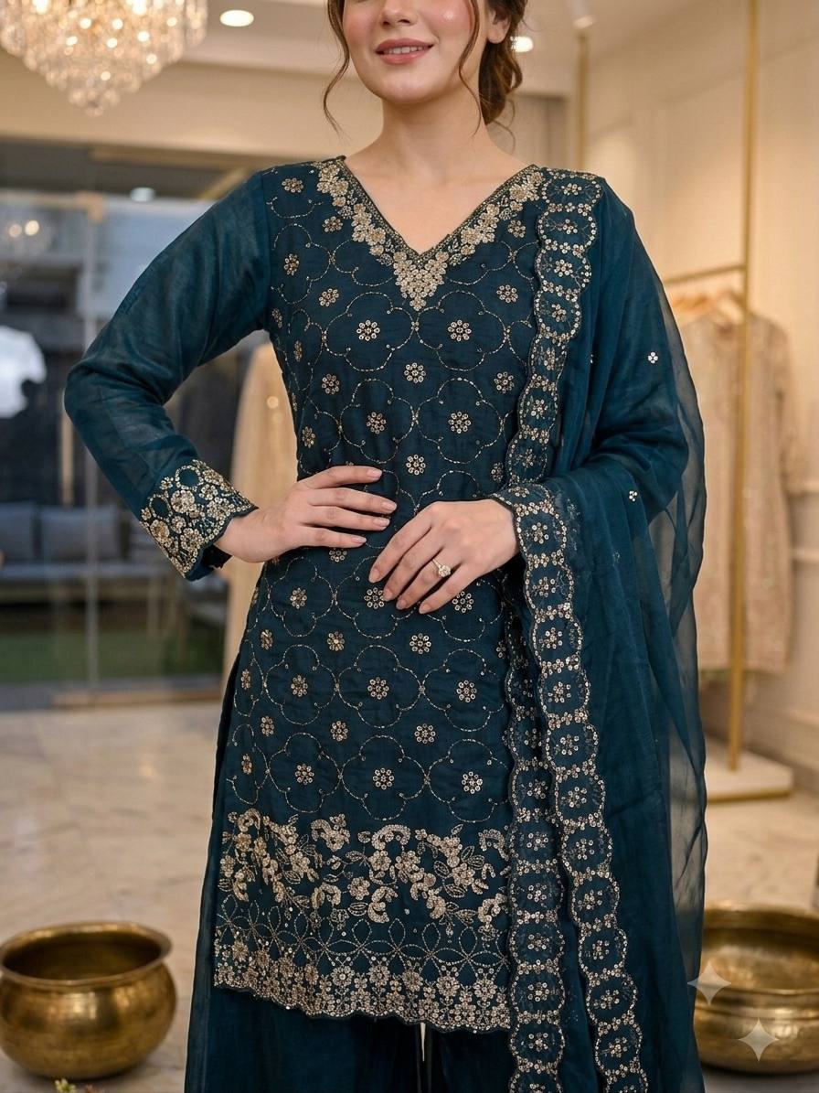 Teal Blue Fendy Silk Sequin Kurta Palazzo Set, view 3