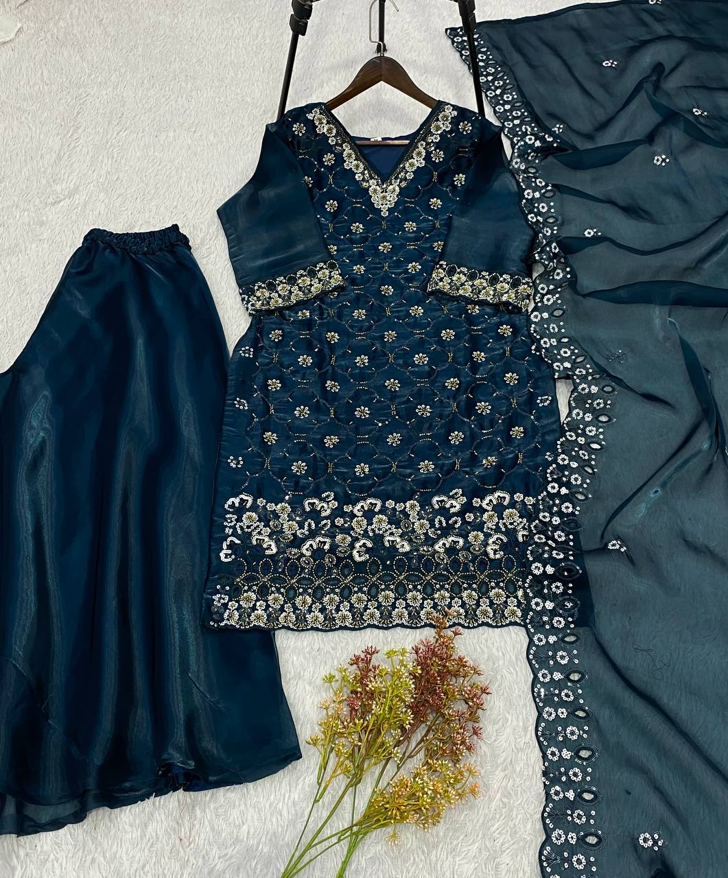Teal Blue Fendy Silk Sequin Kurta Palazzo Set, view 5