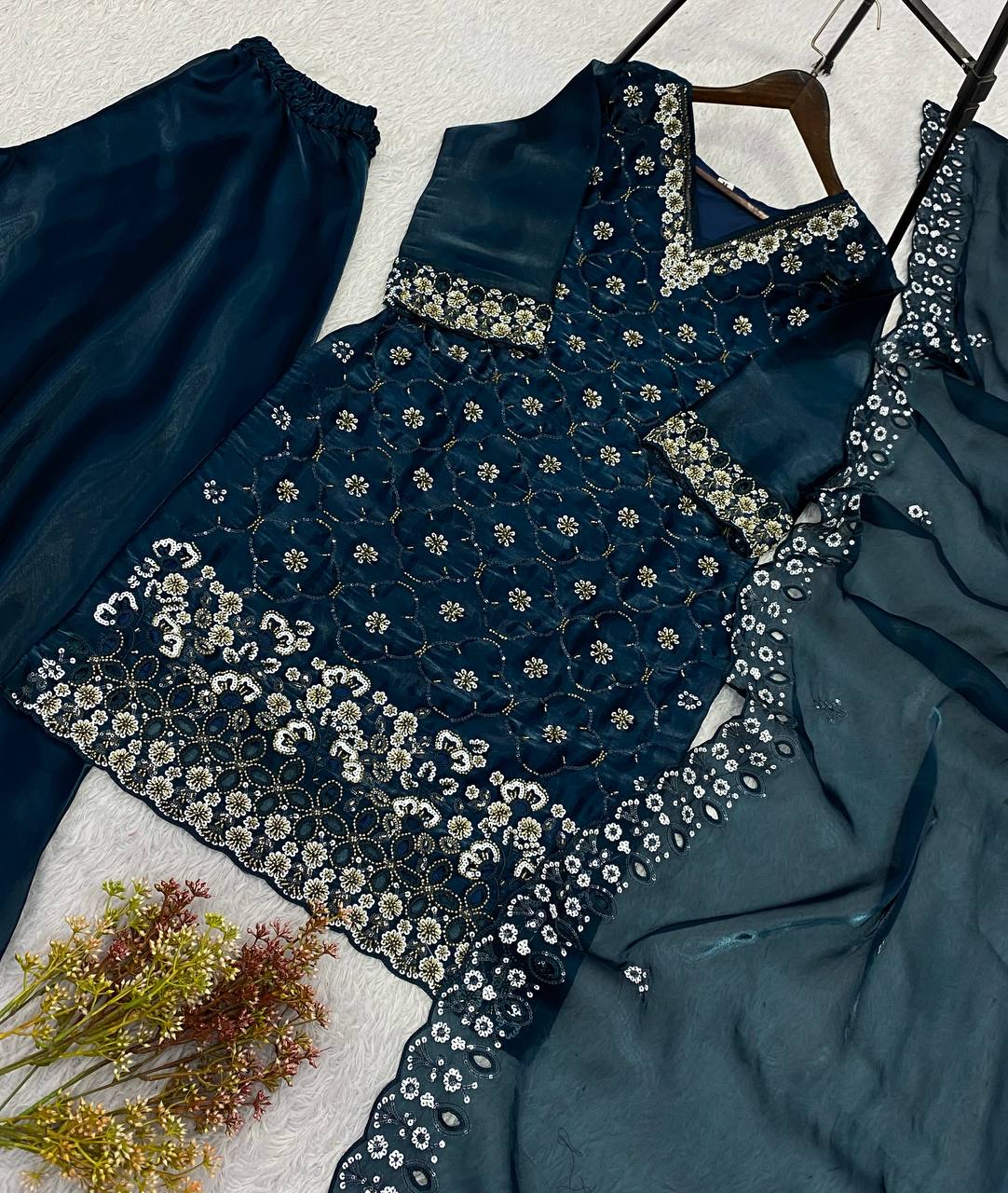 Teal Blue Fendy Silk Sequin Kurta Palazzo Set, view 6