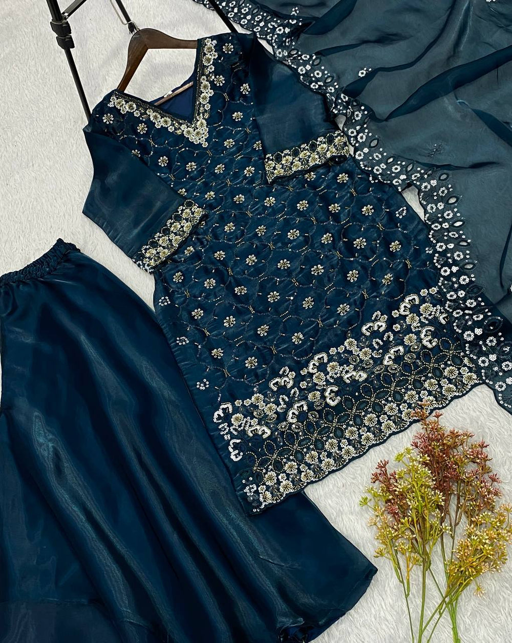 Teal Blue Fendy Silk Sequin Kurta Palazzo Set, view 7