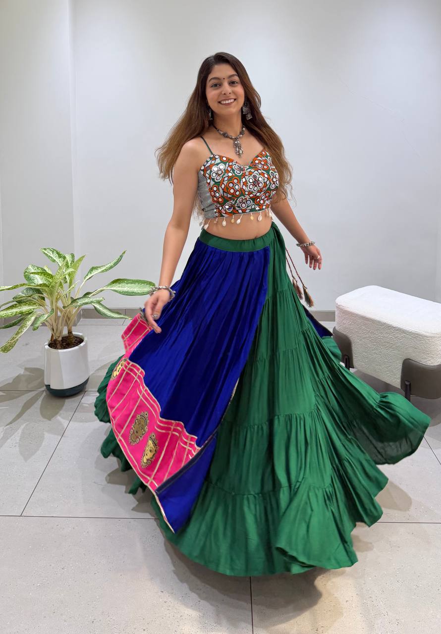Royal Blue and Green Rayon Gotta Patti Lehenga Choli, view 2