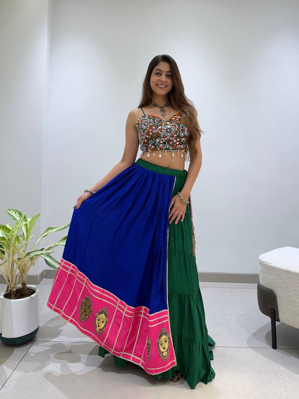 Royal Blue and Green Rayon Gotta Patti Lehenga Choli, view 4