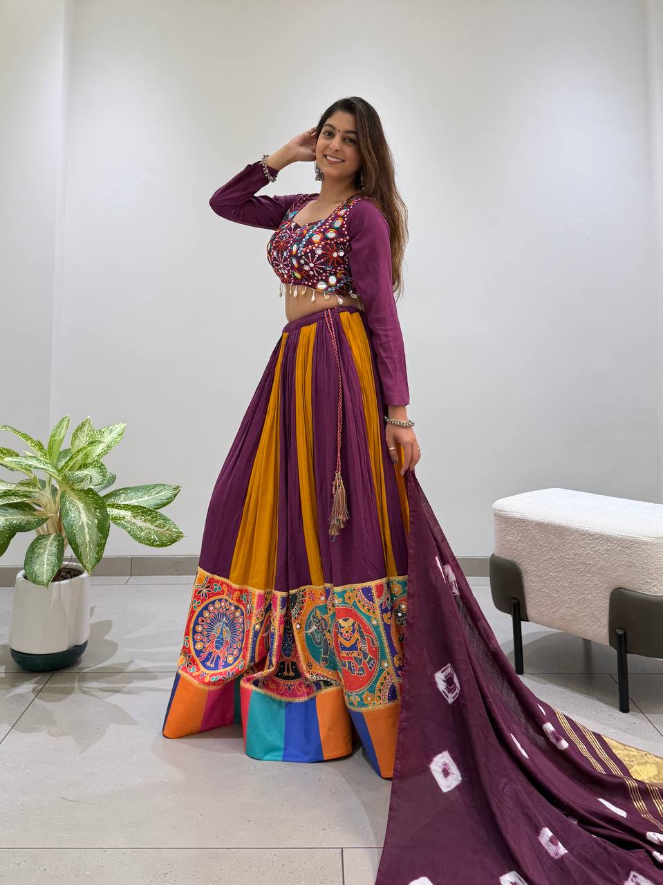 Purple and Mustard Rayon Mirror Work Lehenga Choli