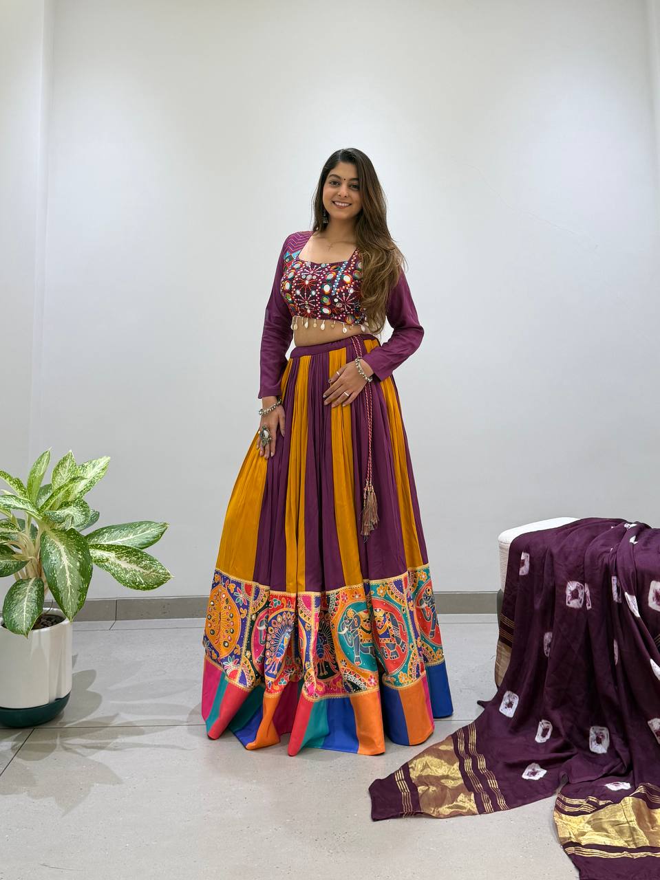 Purple and Mustard Rayon Mirror Work Lehenga Choli, view 2