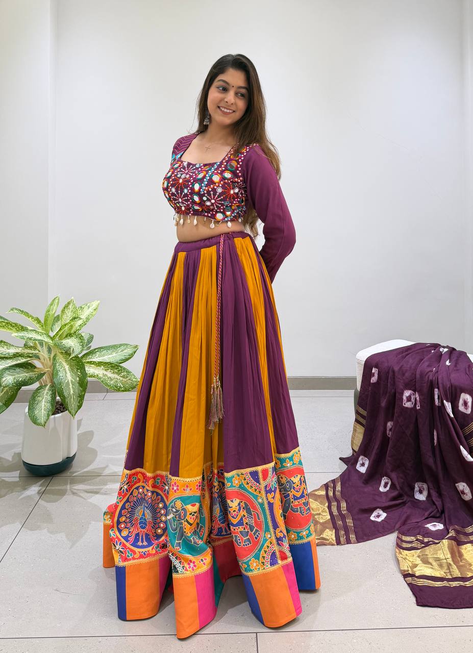 Purple and Mustard Rayon Mirror Work Lehenga Choli, view 3