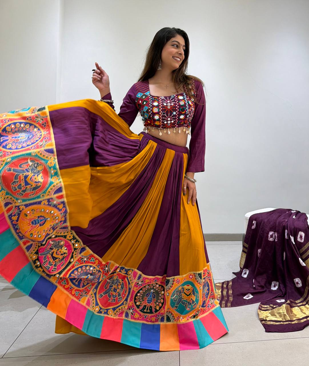 Purple and Mustard Rayon Mirror Work Lehenga Choli, view 4