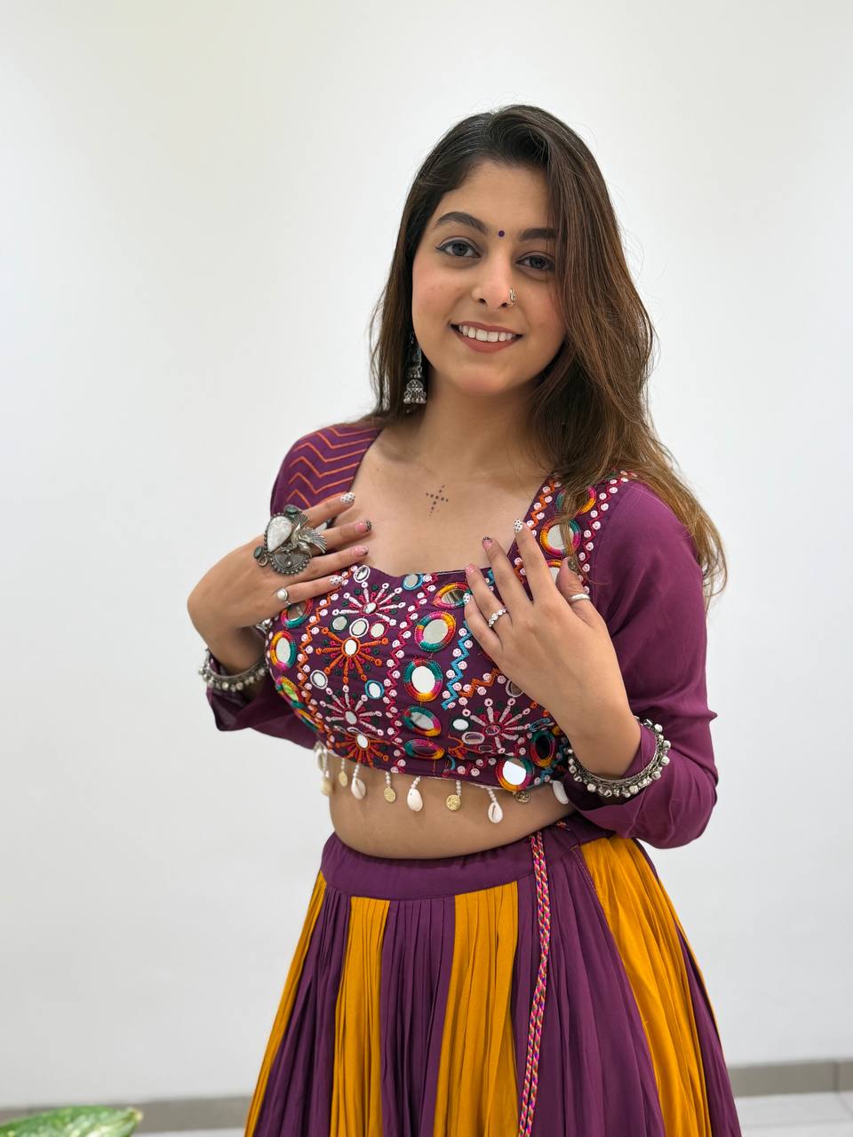 Purple and Mustard Rayon Mirror Work Lehenga Choli, view 5