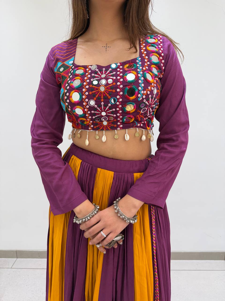 Purple and Mustard Rayon Mirror Work Lehenga Choli, view 6