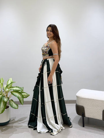 Bottle Green and White Rayon Mirror Work Lehenga Choli