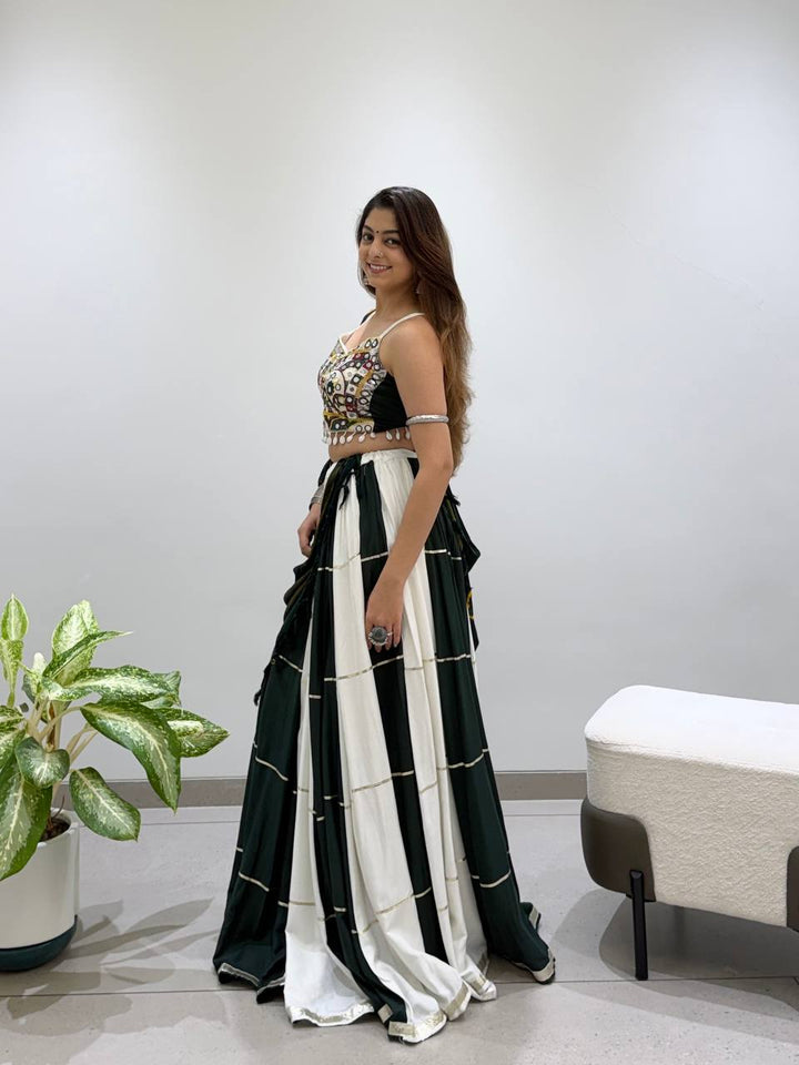 Bottle Green and White Rayon Mirror Work Lehenga Choli