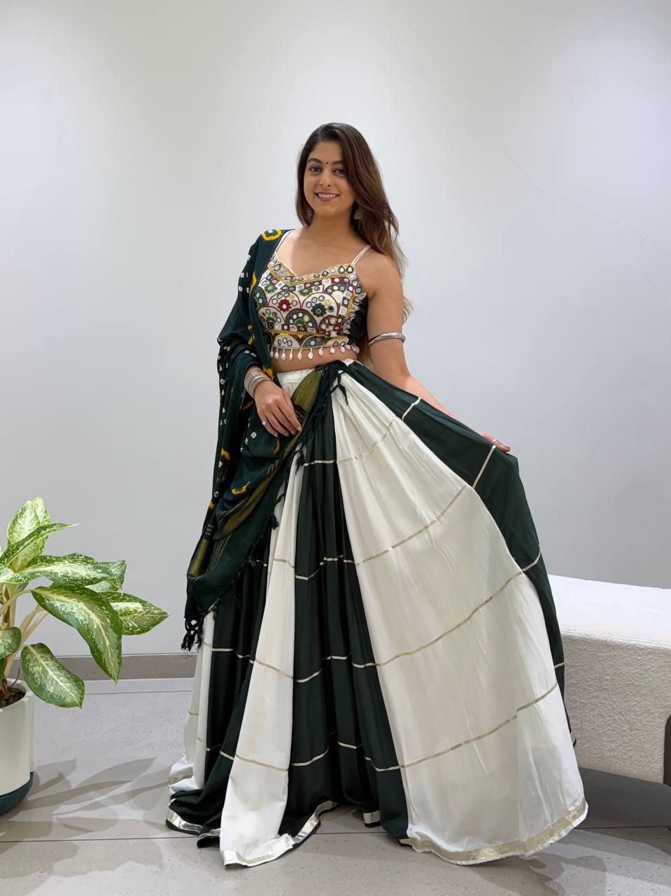 Bottle Green and White Rayon Mirror Work Lehenga Choli, view 2