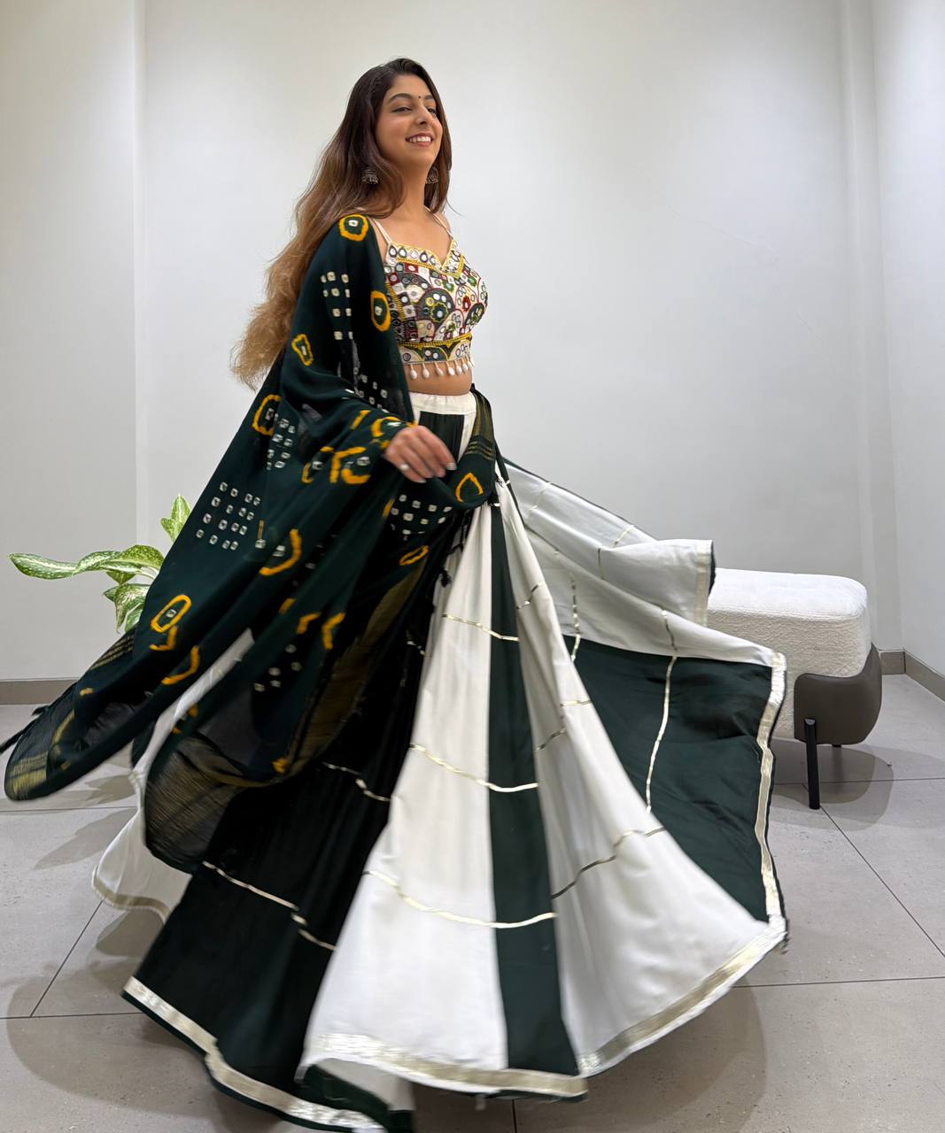Bottle Green and White Rayon Mirror Work Lehenga Choli, view 3