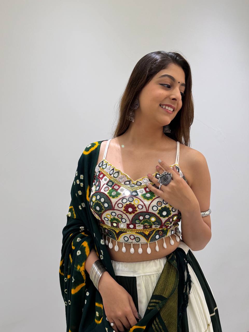 Bottle Green and White Rayon Mirror Work Lehenga Choli, view 4