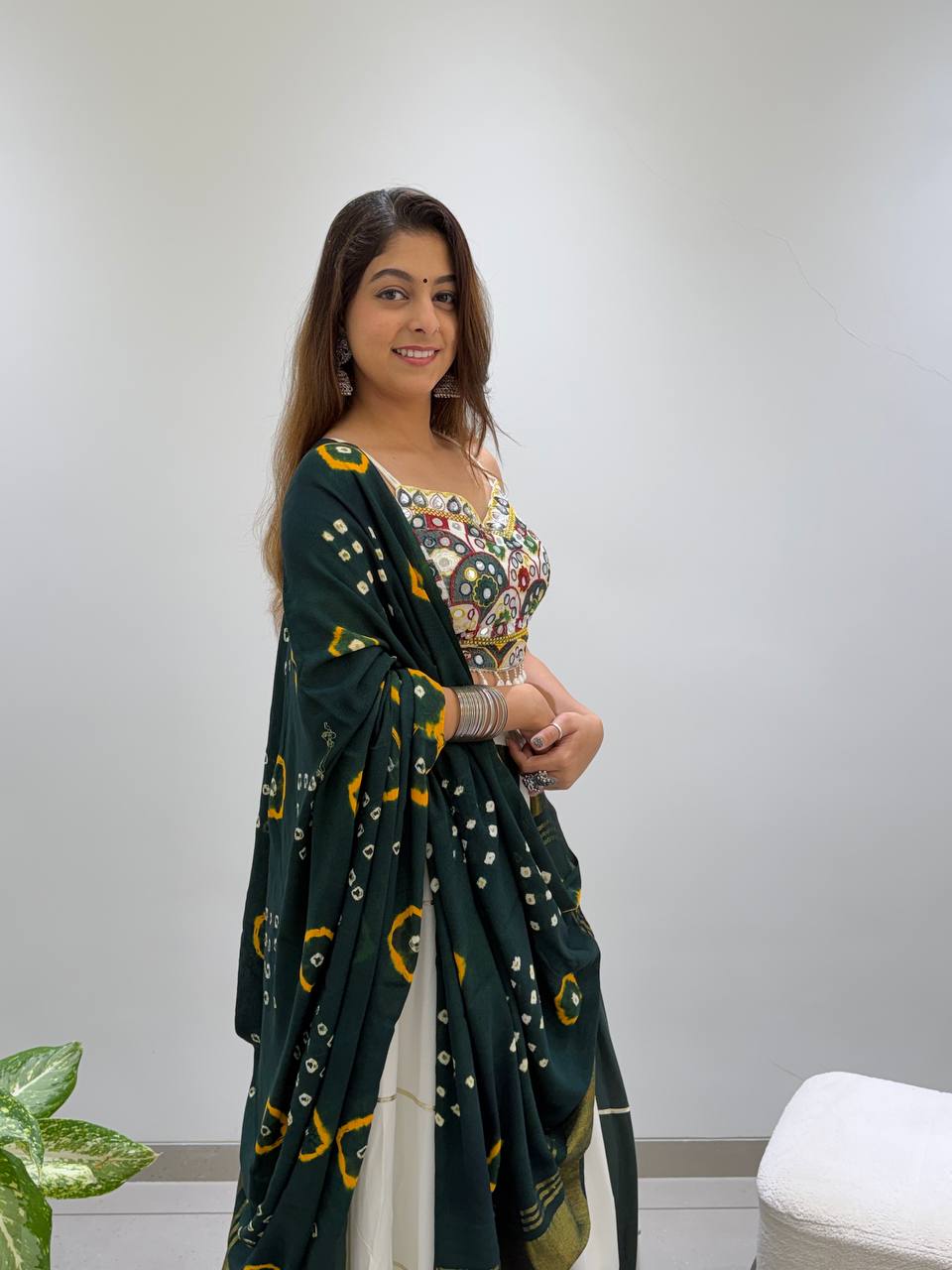 Bottle Green and White Rayon Mirror Work Lehenga Choli, view 5