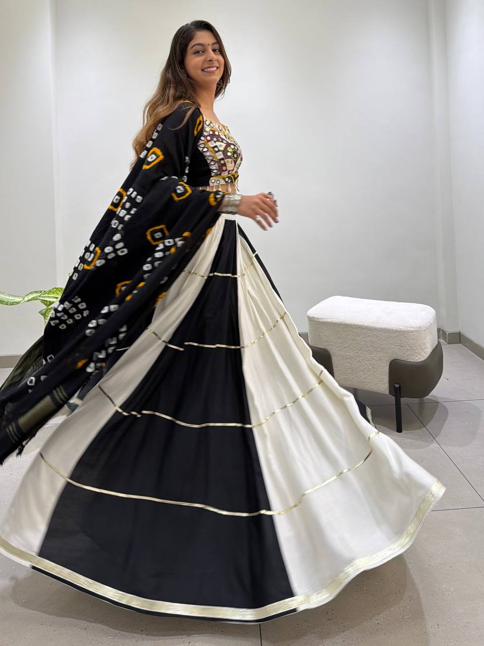 Black and White Rayon Mirror Work Lehenga Choli