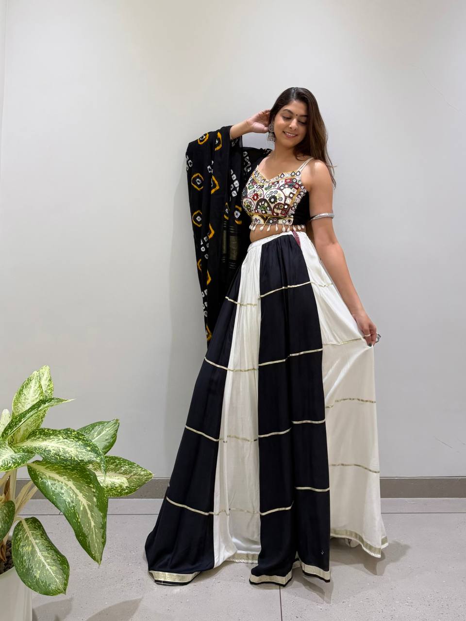 Black and White Rayon Mirror Work Lehenga Choli, view 2