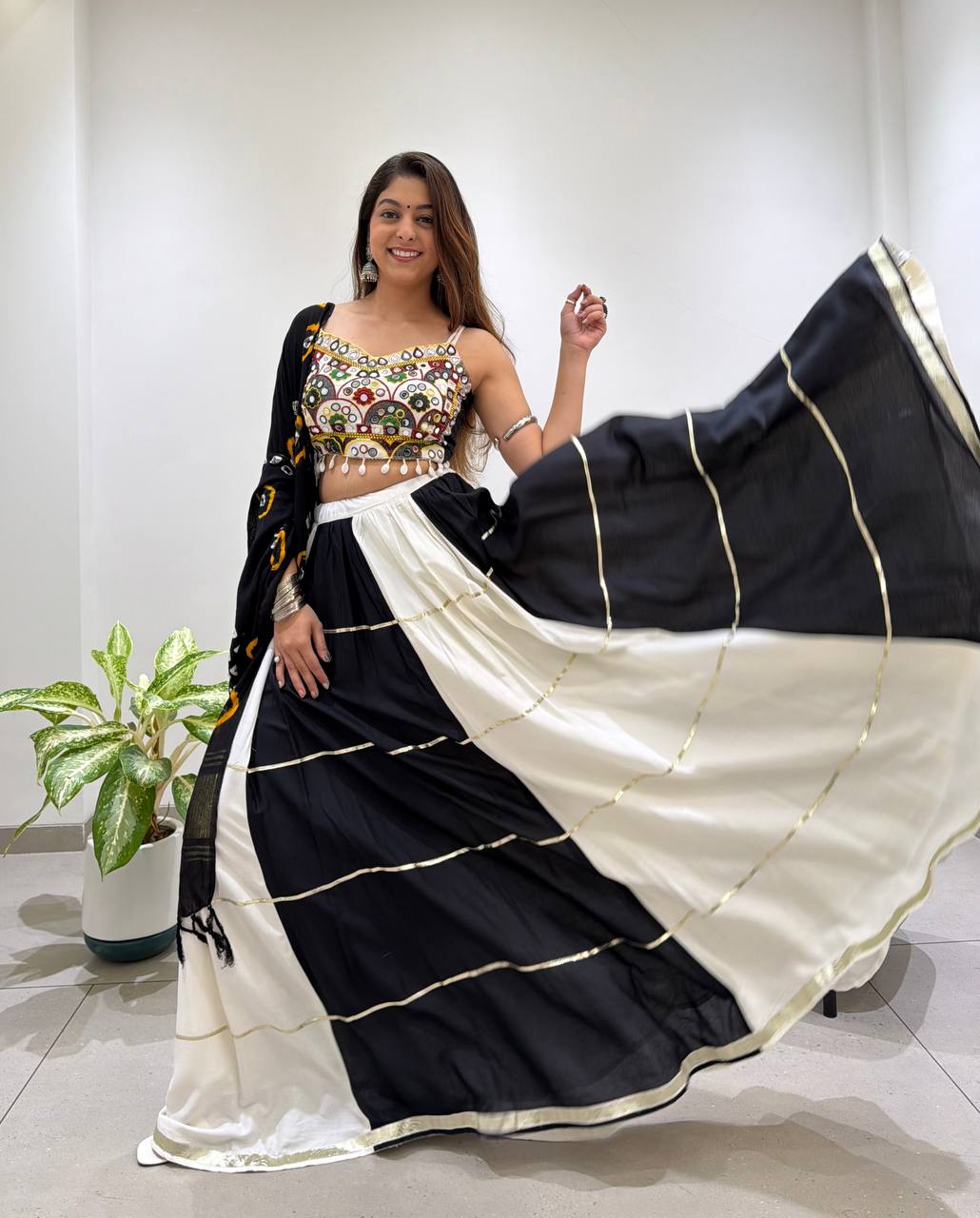 Black and White Rayon Mirror Work Lehenga Choli, view 3