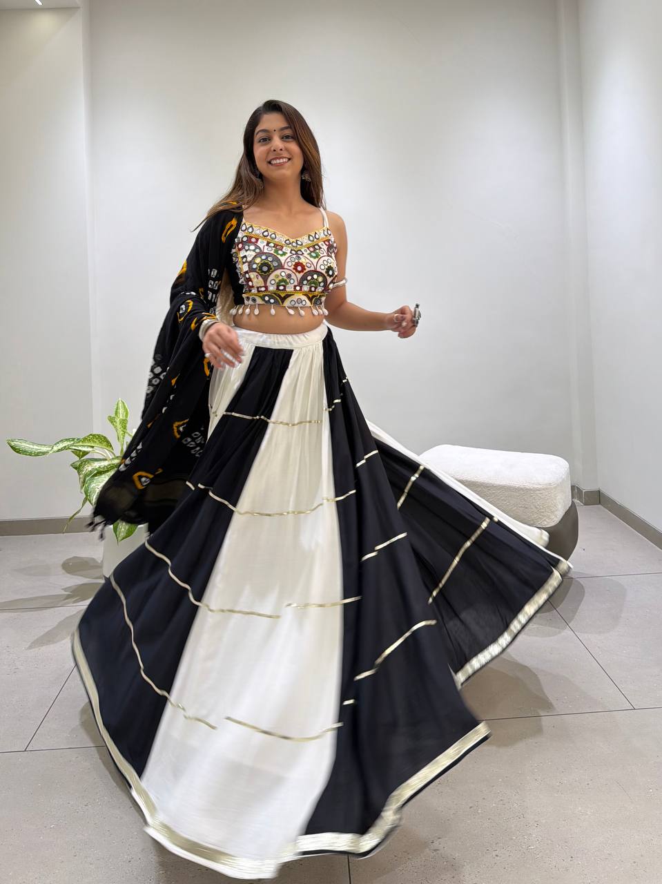 Black and White Rayon Mirror Work Lehenga Choli, view 4