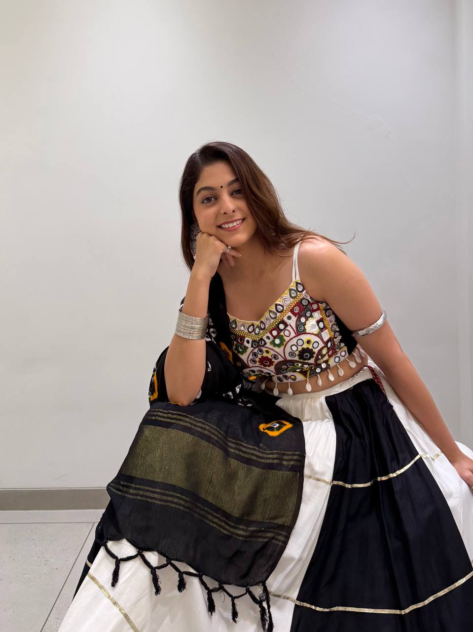 Black and White Rayon Mirror Work Lehenga Choli, view 5