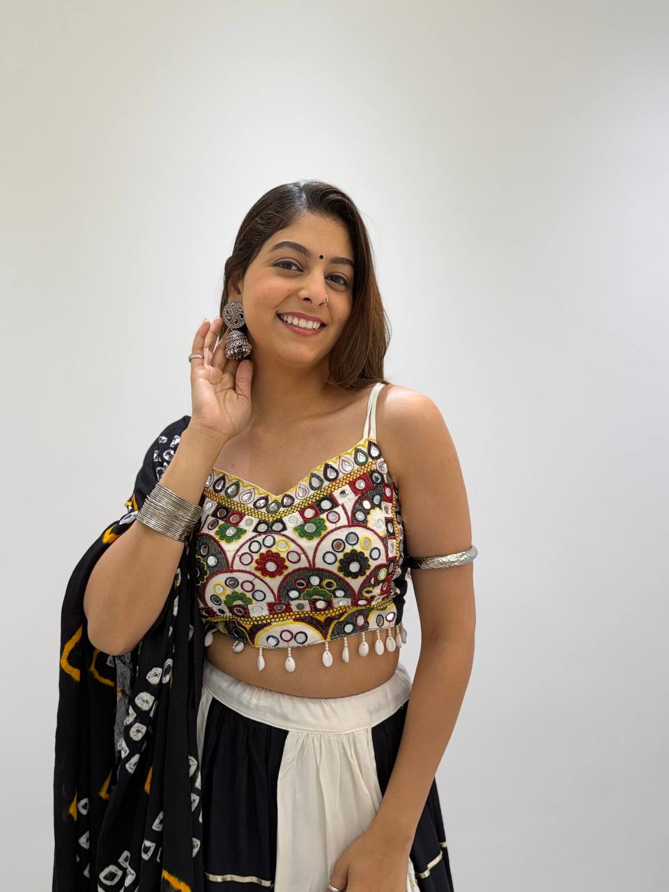 Black and White Rayon Mirror Work Lehenga Choli, view 6