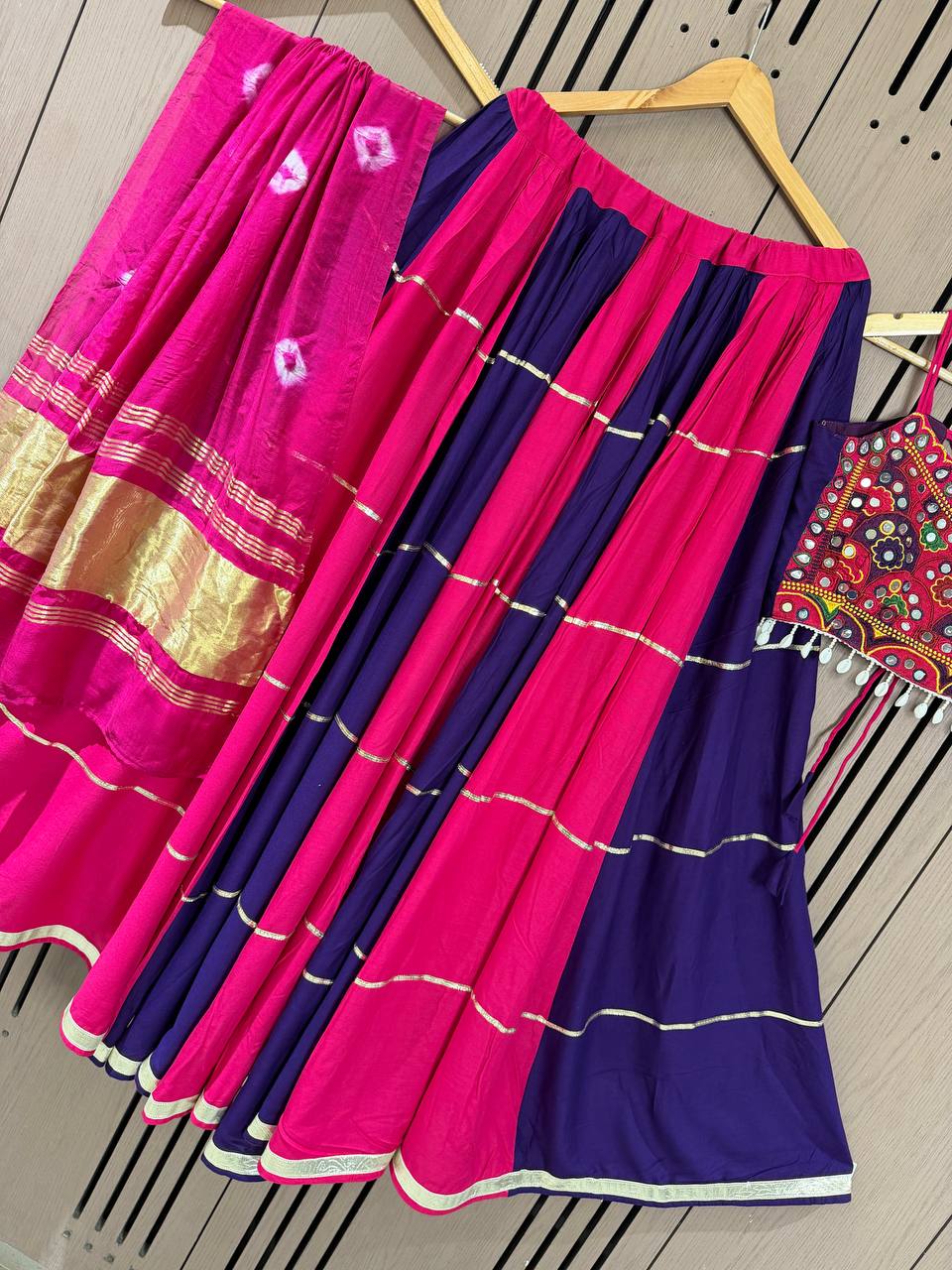 Rani Pink and Purple Rayon Mirror Work Lehenga Choli, view 2