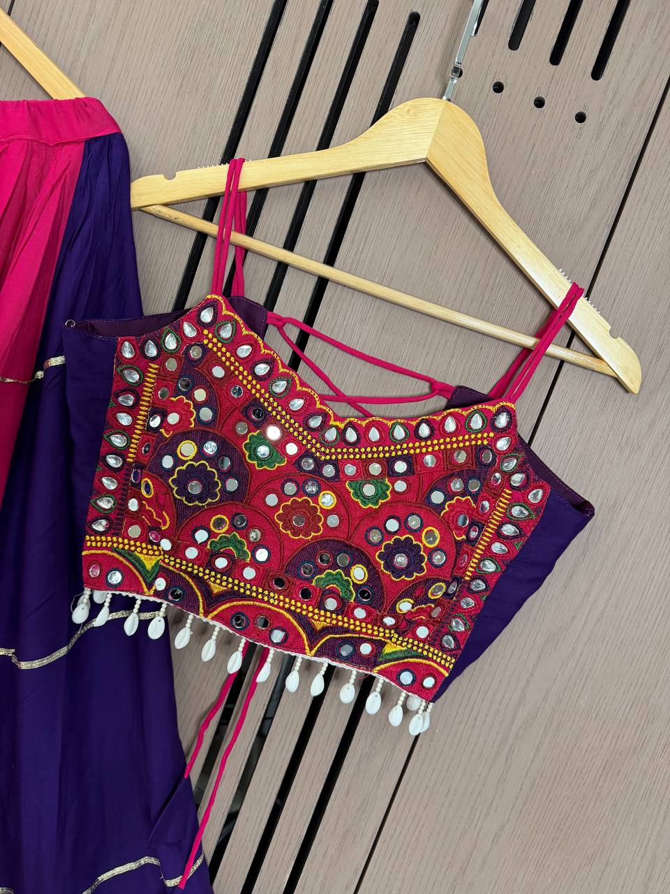 Rani Pink and Purple Rayon Mirror Work Lehenga Choli, view 4