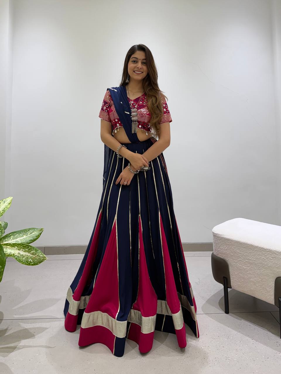 Navy Blue and Pink Rayon Gotta Patti Lehenga Choli