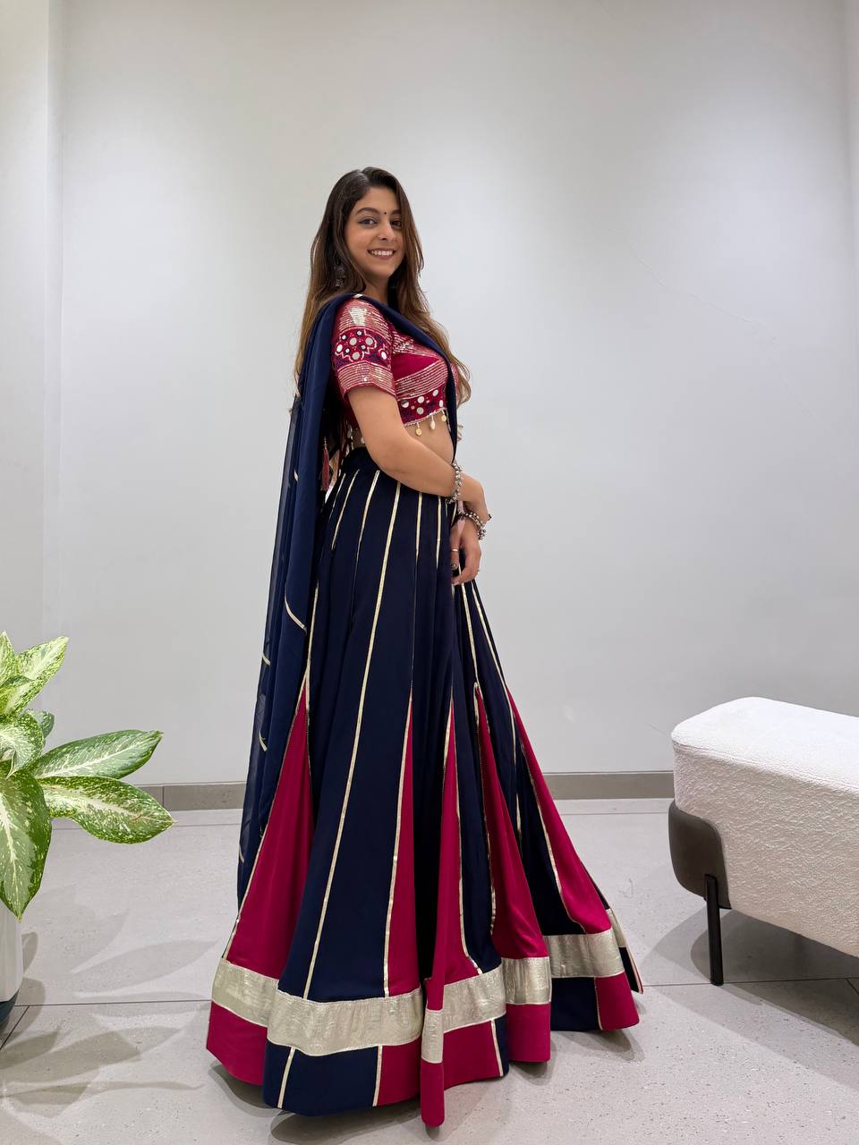 Navy Blue and Pink Rayon Gotta Patti Lehenga Choli, view 2