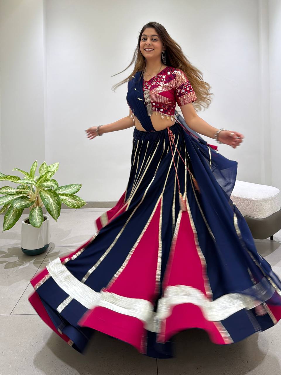 Navy Blue and Pink Rayon Gotta Patti Lehenga Choli, view 3