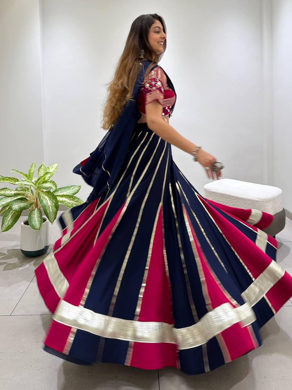 Navy Blue and Pink Rayon Gotta Patti Lehenga Choli, view 4