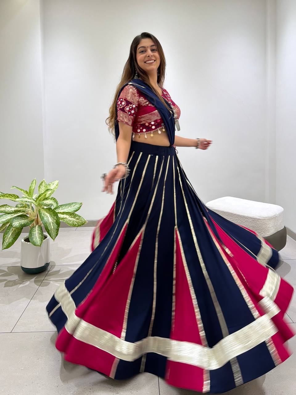 Navy Blue and Pink Rayon Gotta Patti Lehenga Choli, view 5