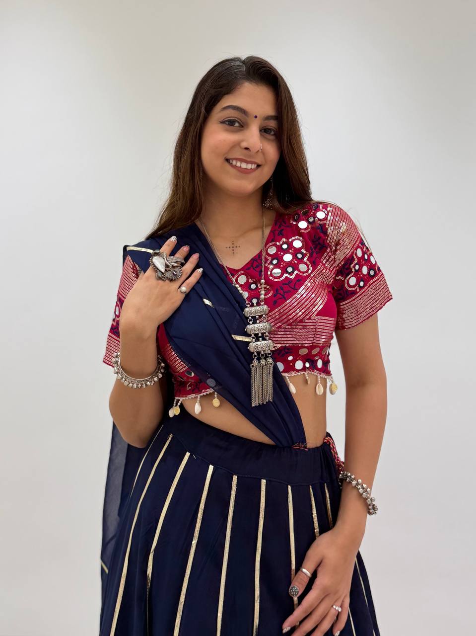 Navy Blue and Pink Rayon Gotta Patti Lehenga Choli, view 6