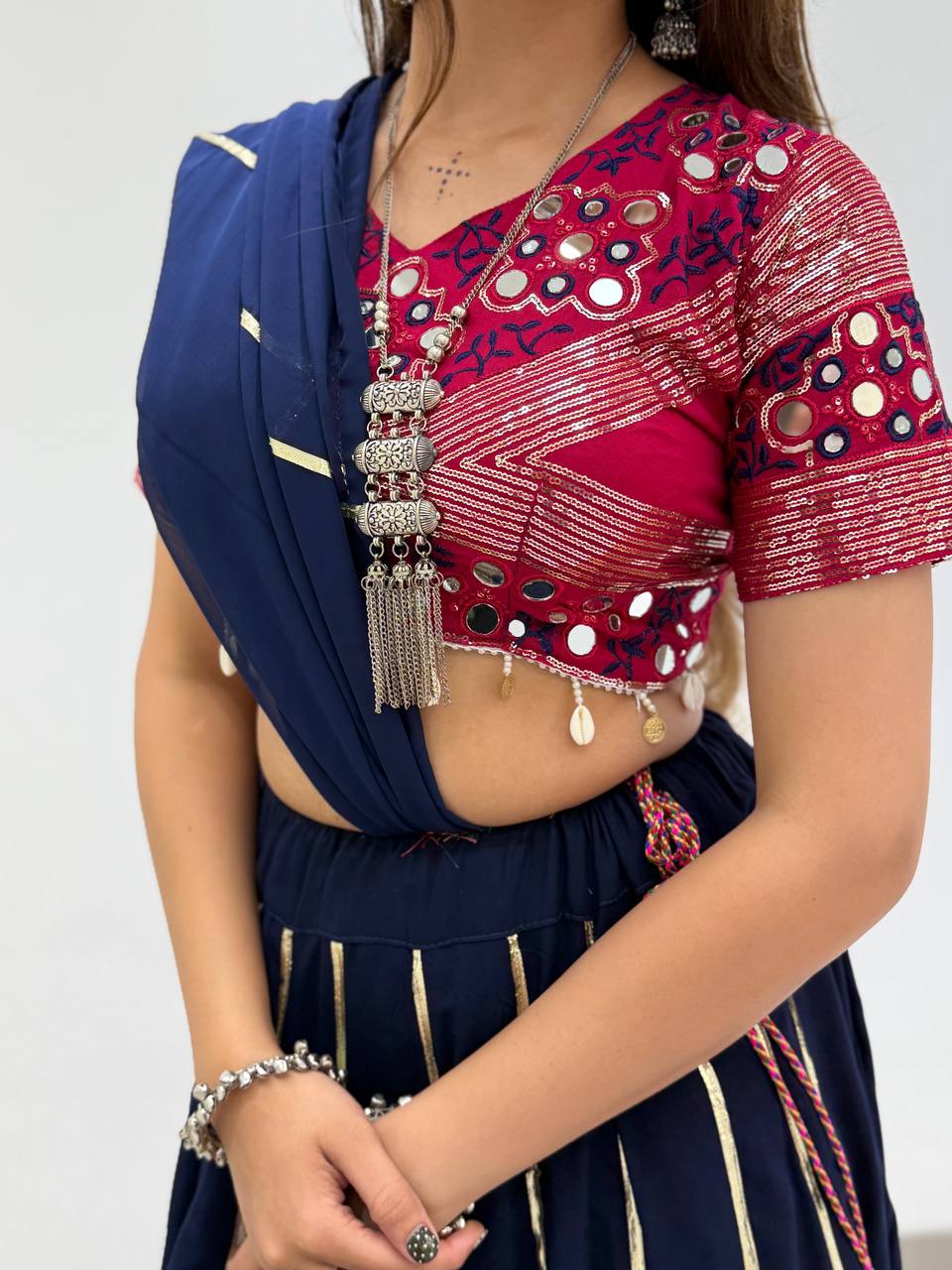 Navy Blue and Pink Rayon Gotta Patti Lehenga Choli, view 7