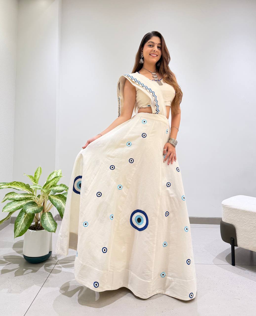 Off-White Cora Cotton Embroidered Lehenga Choli, view 2