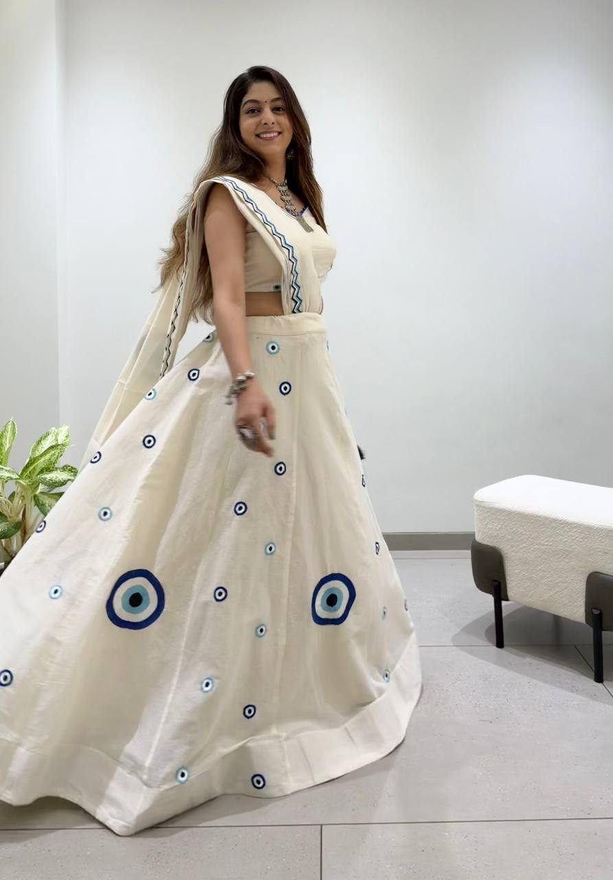 Off-White Cora Cotton Embroidered Lehenga Choli, view 3