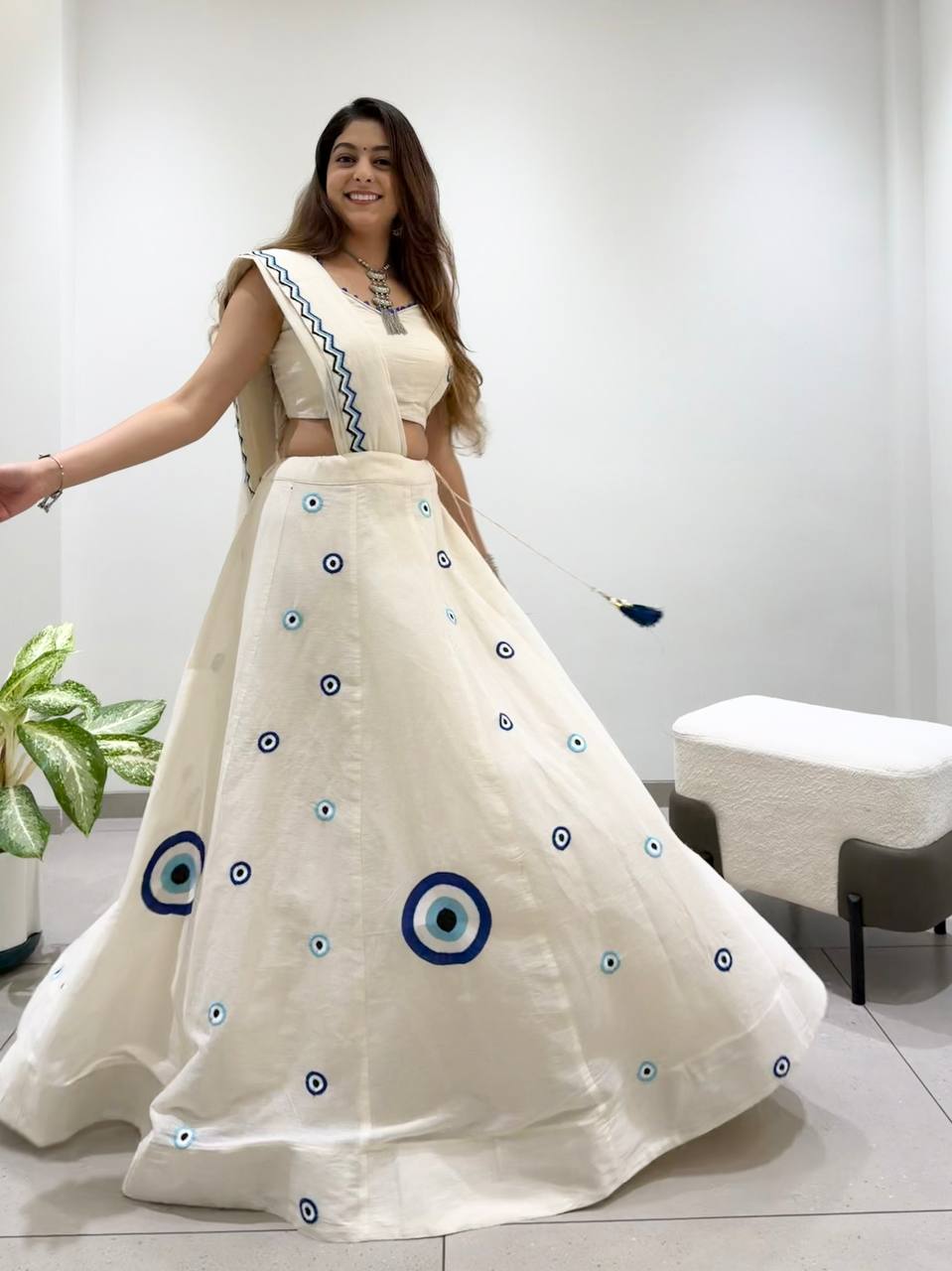 Off-White Cora Cotton Embroidered Lehenga Choli, view 4